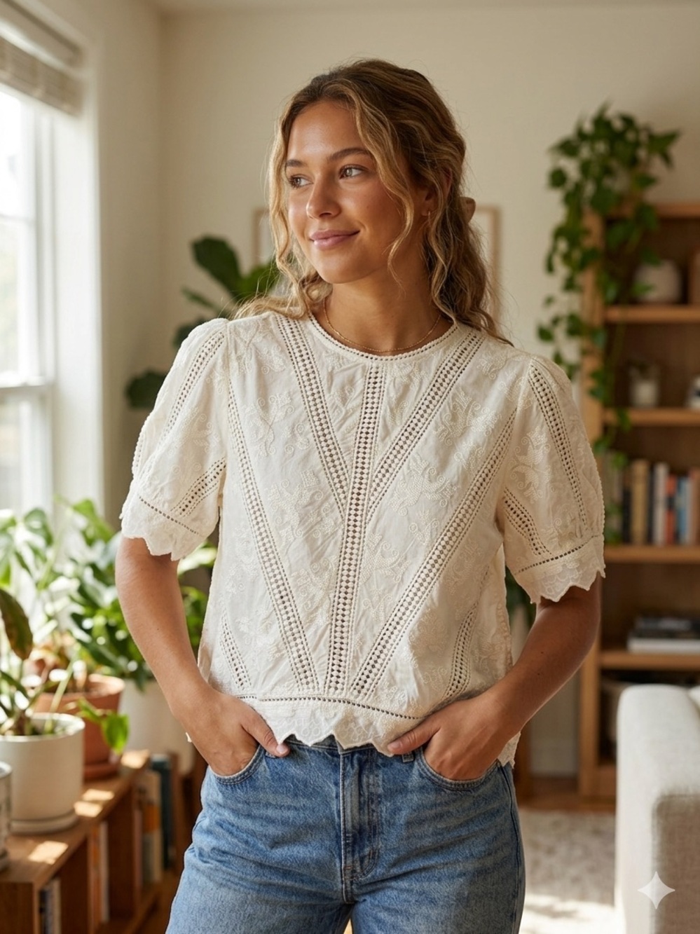 Jennifer & Grace Women XL Embroidered Cotton Blouse Ivory Lace Eyelet Prairie